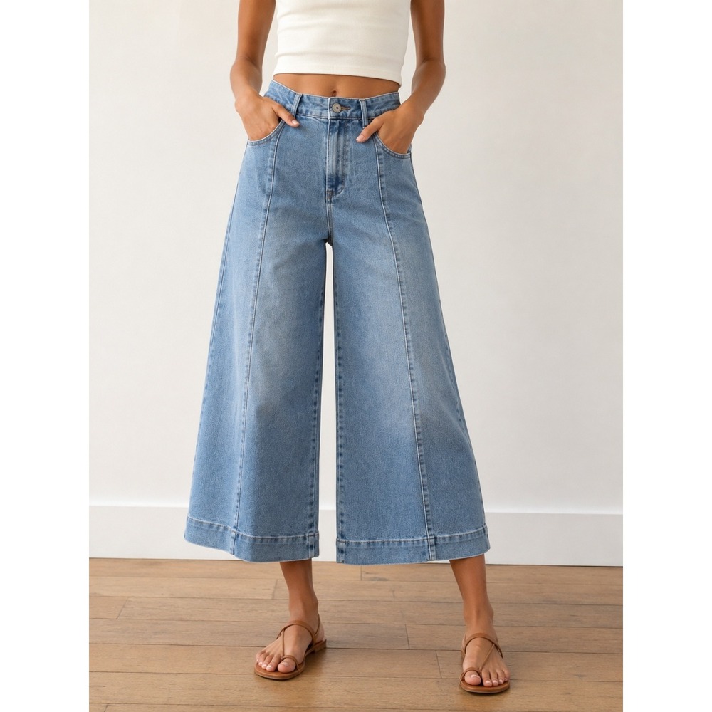 Kensie Jeans High Waisted Wide Leg Seam Detail Cropped Denim Blue Size 4/27